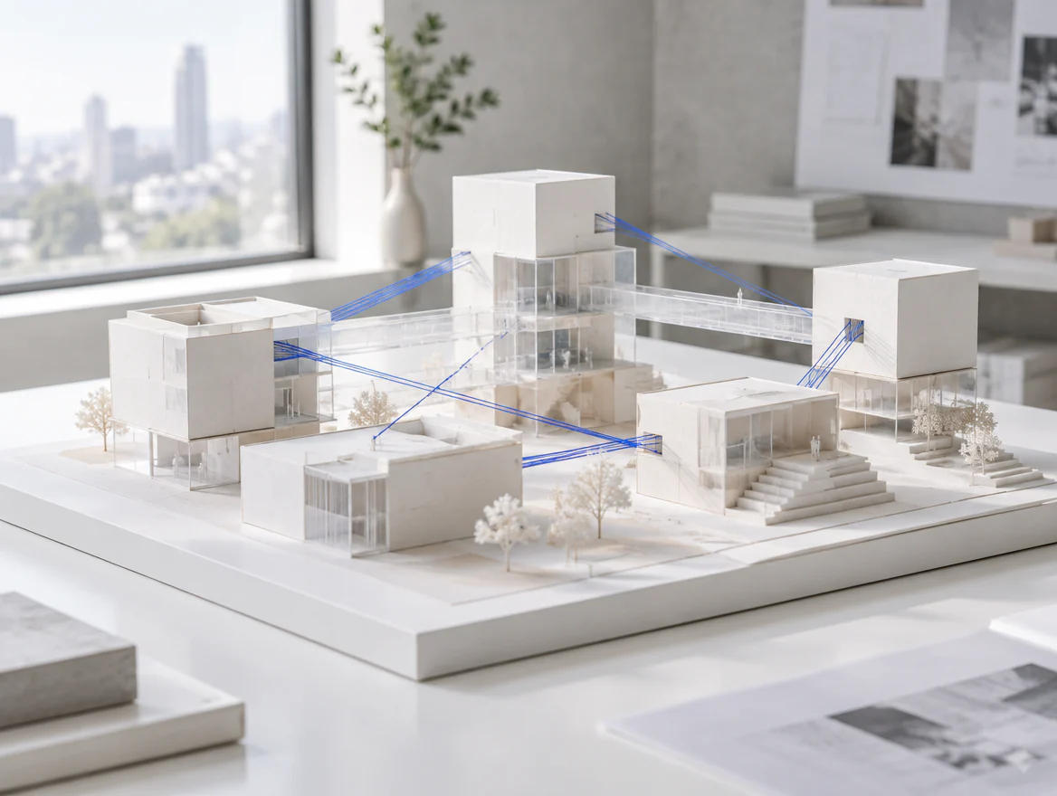 Maqueta blanca de edificios modulares unidos por hilos azules sobre una mesa de estudio, con la ciudad detrás de la ventana.