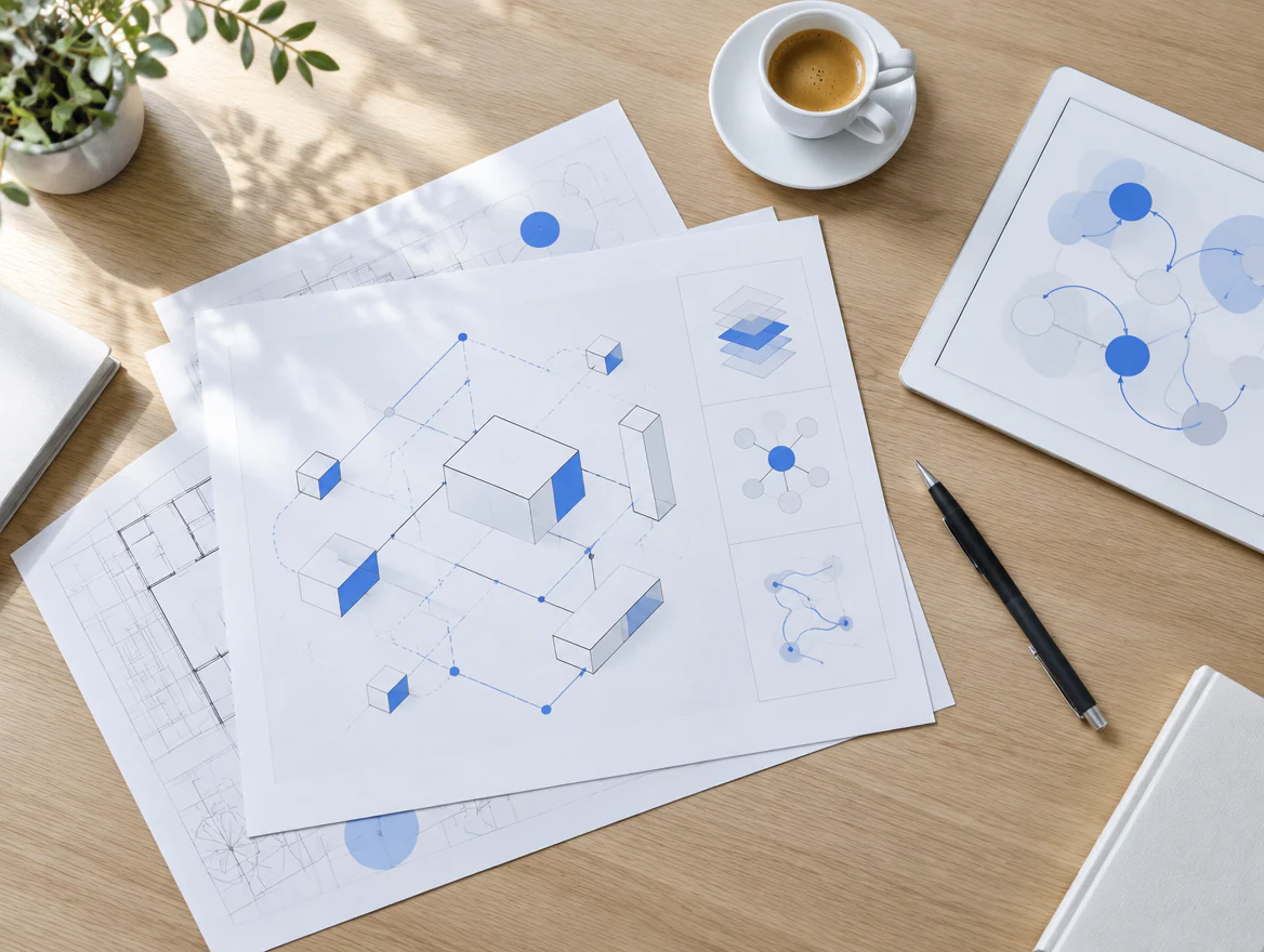 Mesa de consultoría con láminas de arquitectura, un café espresso y una tableta con un diagrama de flujo.
