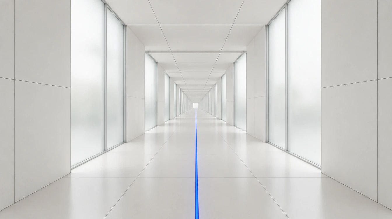 Túnel arquitectónico blanco de vidrio esmerilado con una línea de luz azul en el piso que llega hasta el punto de fuga.