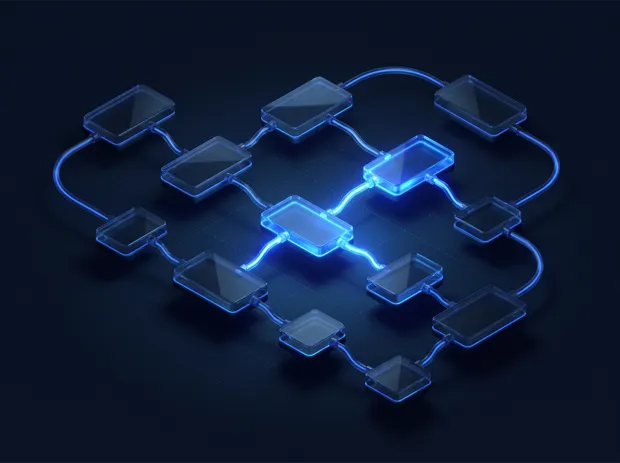 Diagrama de bloques conectados por cables luminosos