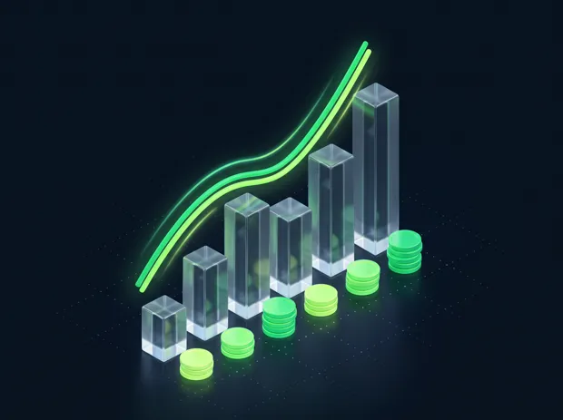 Gráfica de barras ascendente con monedas apiladas en la base